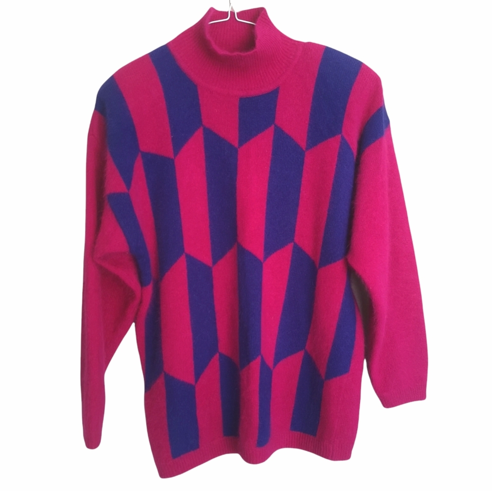 Vintage 80's 90's Angora Rabbit Hair and Lambswool Bright Geometric Swea…
